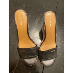 Coach Womens Black Leather Espadrille Wood Wedge Sandals Slides Gold Logo Size 9